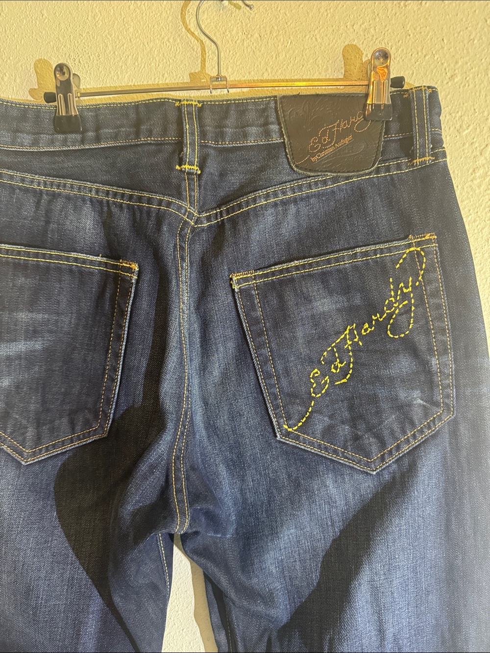 Ed Hardy Men's Dark Blue Jeans with Yellow Embroidered Logo